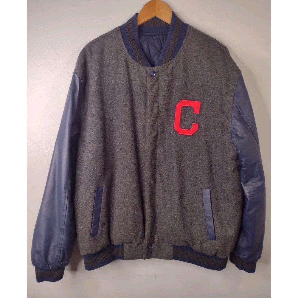 CLEVELAND INDIANS MLB JACKET Wool Leather Mens XL Bomber Reversible